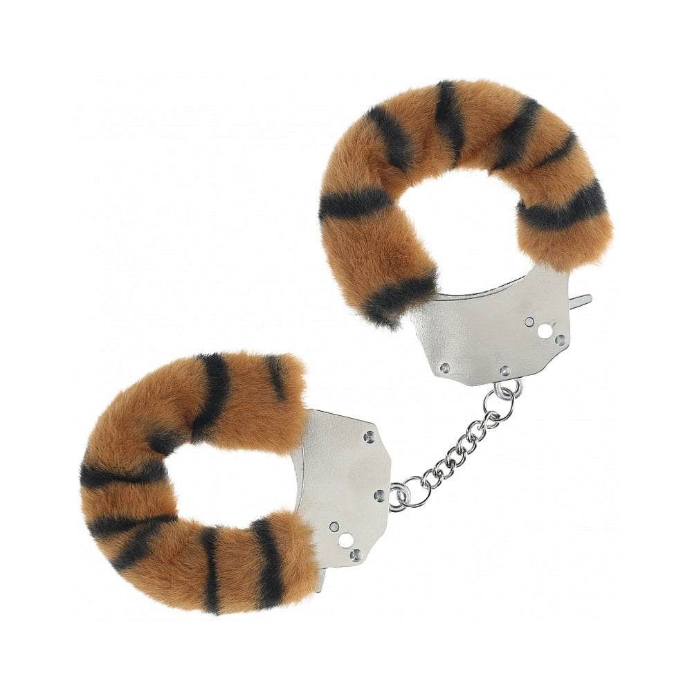 Heavy-duty fluffy handcuffs with soft tiger-striped fur and durable metal cuffs for playful restraint.