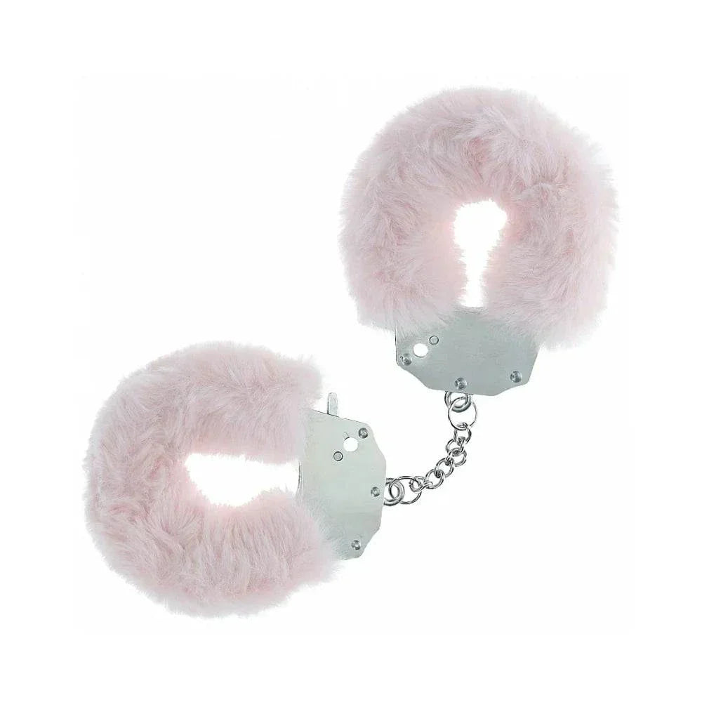 Light pink heavy-duty fluffy handcuffs with soft acrylic fur and metal chain restraints for play and comfort