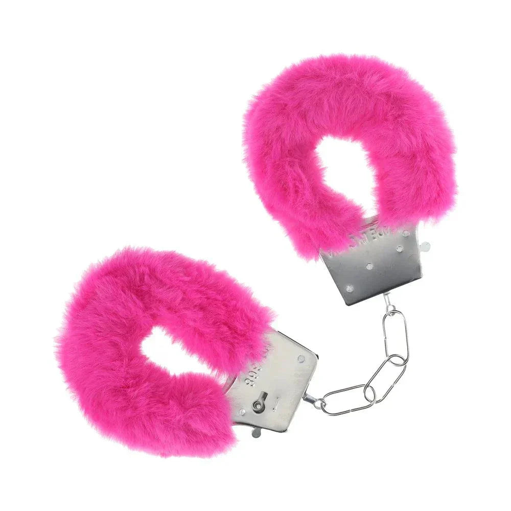 Pink fluffy handcuffs with metal chain and secure locking mechanism for playful restraint and comfort