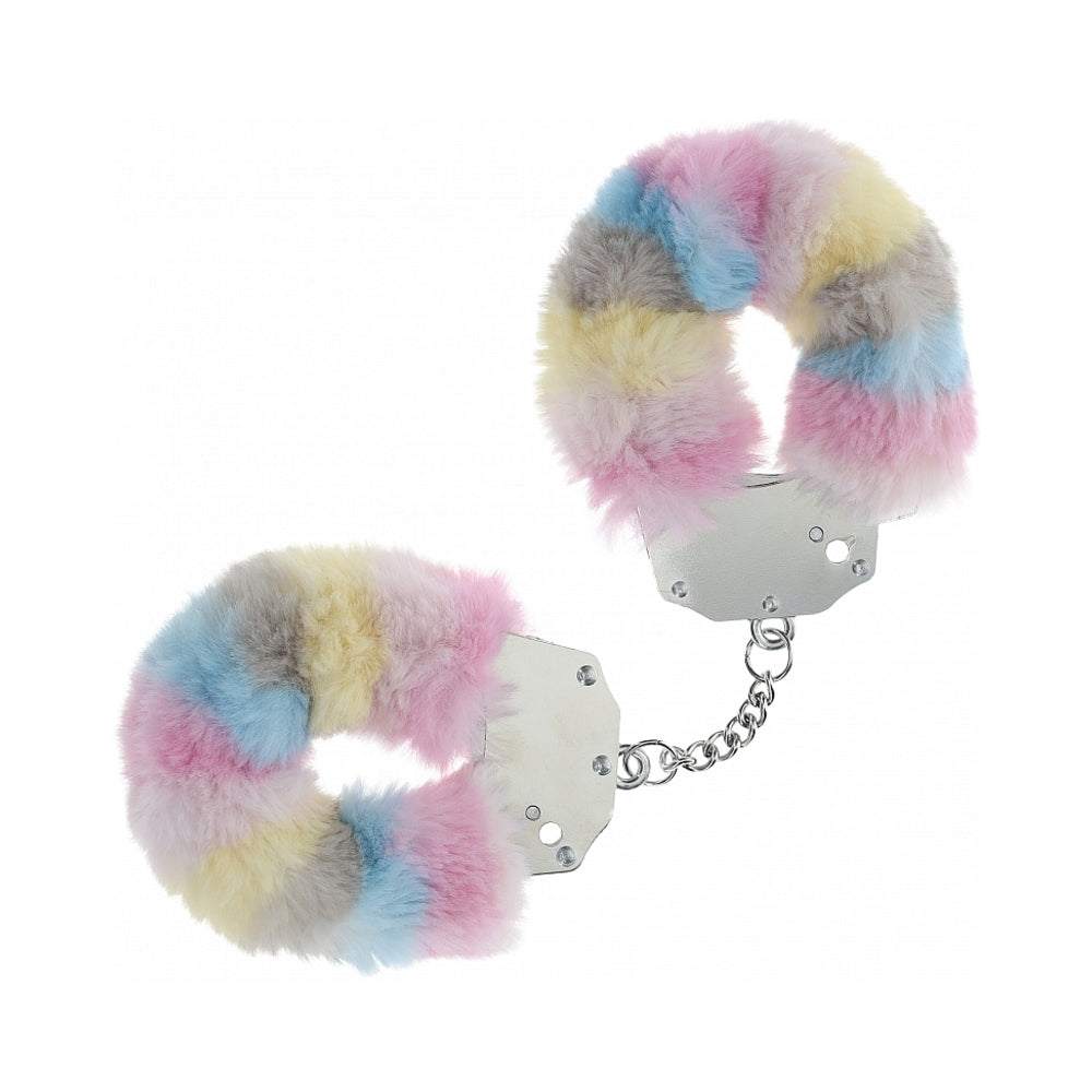 Heavy-duty fluffy handcuffs with soft multicolor faux fur and durable metal chain for comfortable restraints