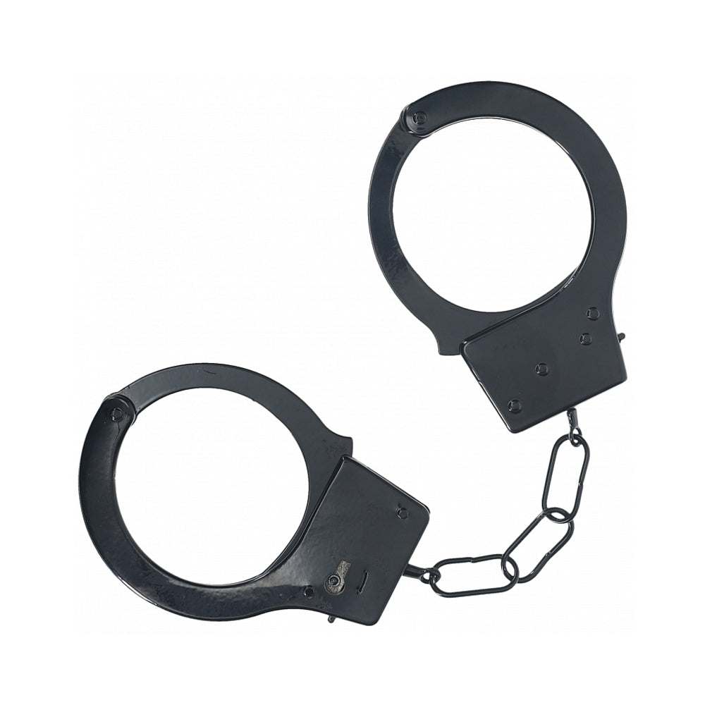 Ouch! Classic Metal Handcuffs in black iron with secure lock and chain, durable and stylish restraints for playful and intimate use.
