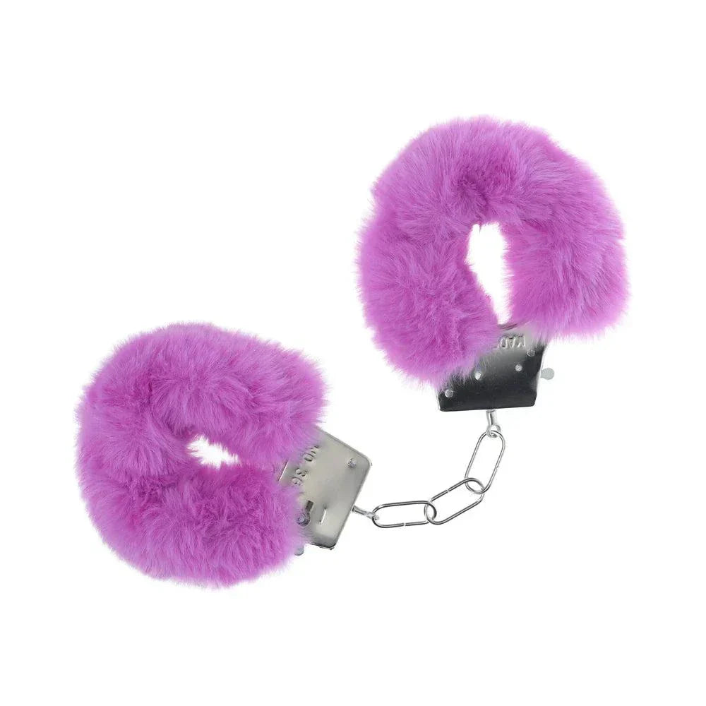 Ouch! Classic Fluffy Handcuffs in soft purple fur with metal chain and secure locking mechanism for playful restraint
