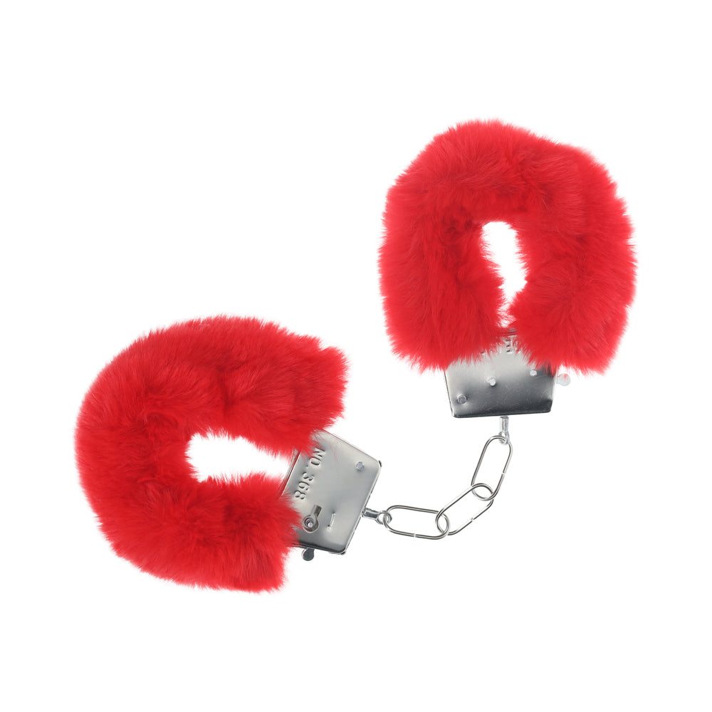 Ouch! Classic Fluffy Handcuffs with red soft plush covering and secure metal chain restraints for playful intimate fun