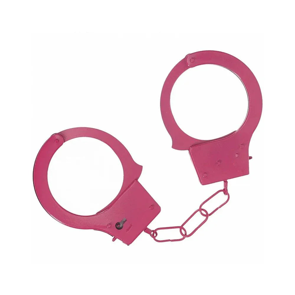 Pink Ouch! classic metal handcuffs with secure lock and chain for playful restraint and security.