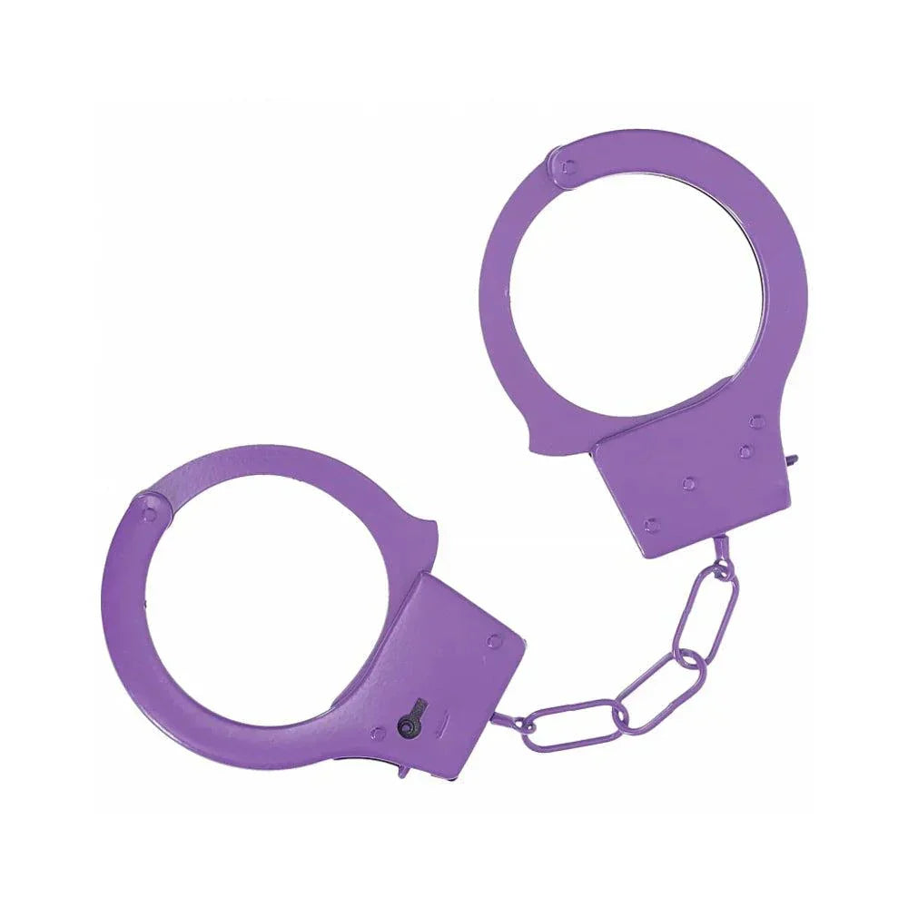 Purple Ouch! Classic Metal Handcuffs with secure locking and quick-release button for playful restraint and security