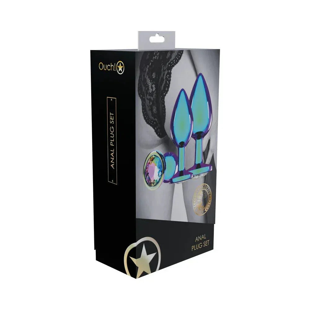 Ouch! International Venice Collection iridescent metal anal plug set with jewel bases in three sizes