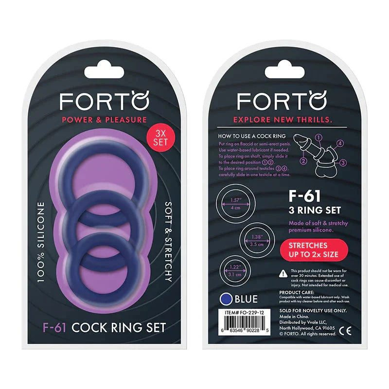 Forto F-61 3-Piece Silicone Cockring Set - Blue