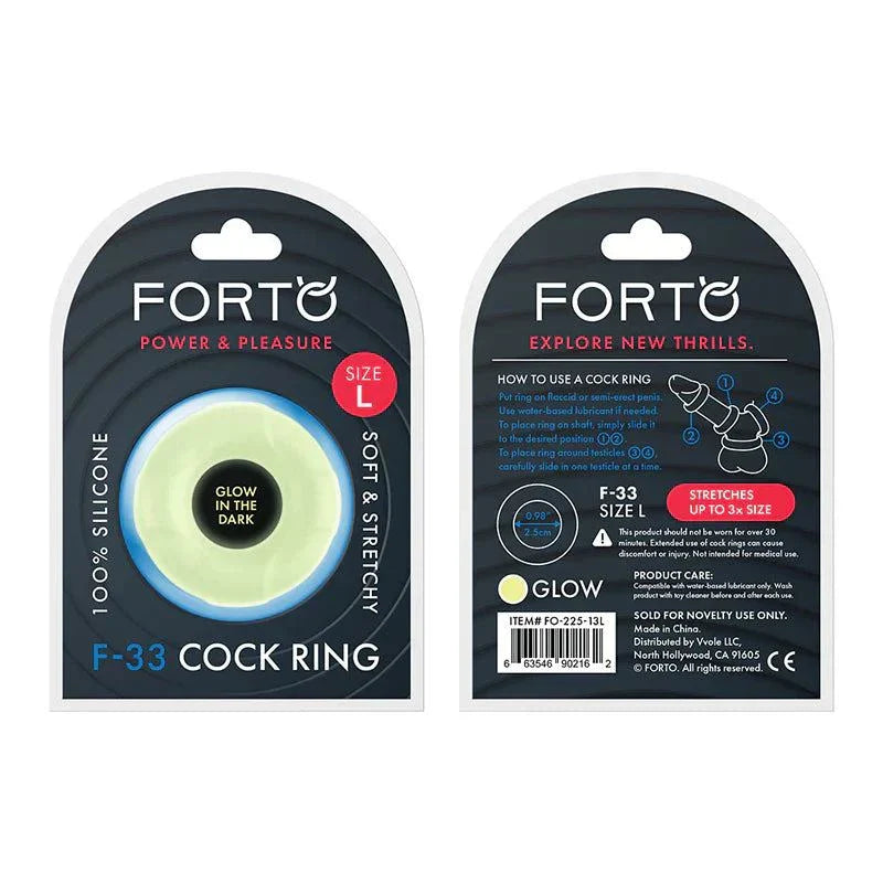 Forto F-33 liquid silicone cockring in glow-in-the-dark, multiple sizes, soft and stretchy for enhanced pleasure and performance
