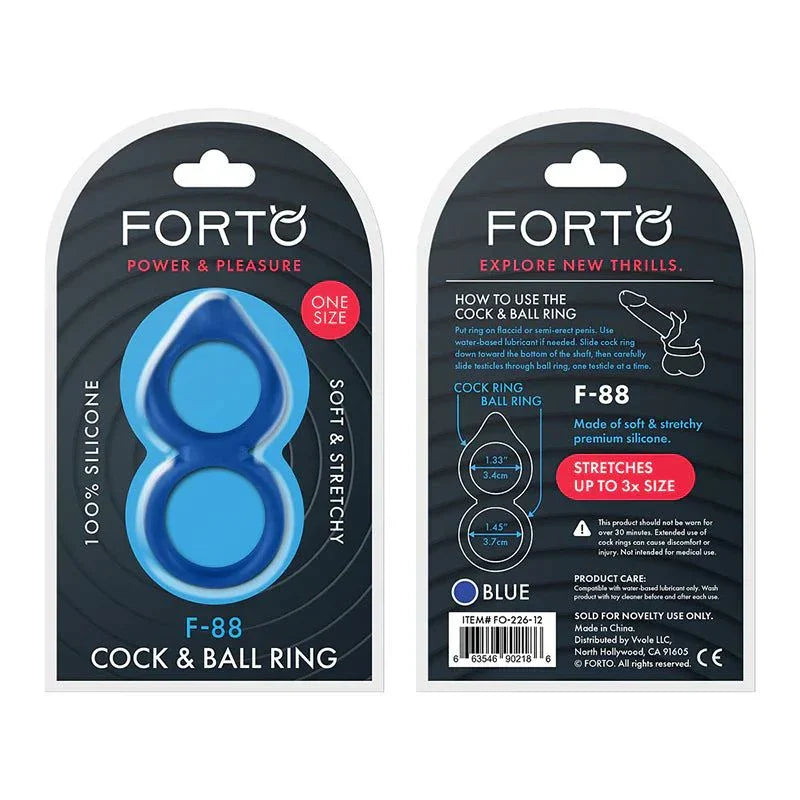 Forto F-88 Liquid Silicone blue cock and ball ring, soft stretchy premium silicone, one size fits most, packaged for easy use and care.