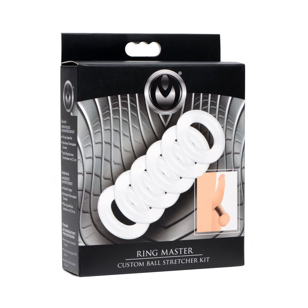 Master Series Ring Master custom ball stretcher kit with six white TPR rings for enhanced sensitivity and performance.