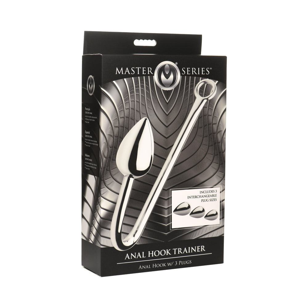 Master Series Anal Hook Trainer with 3 interchangeable aluminum alloy plugs and stainless steel hook for anal training and bondage play