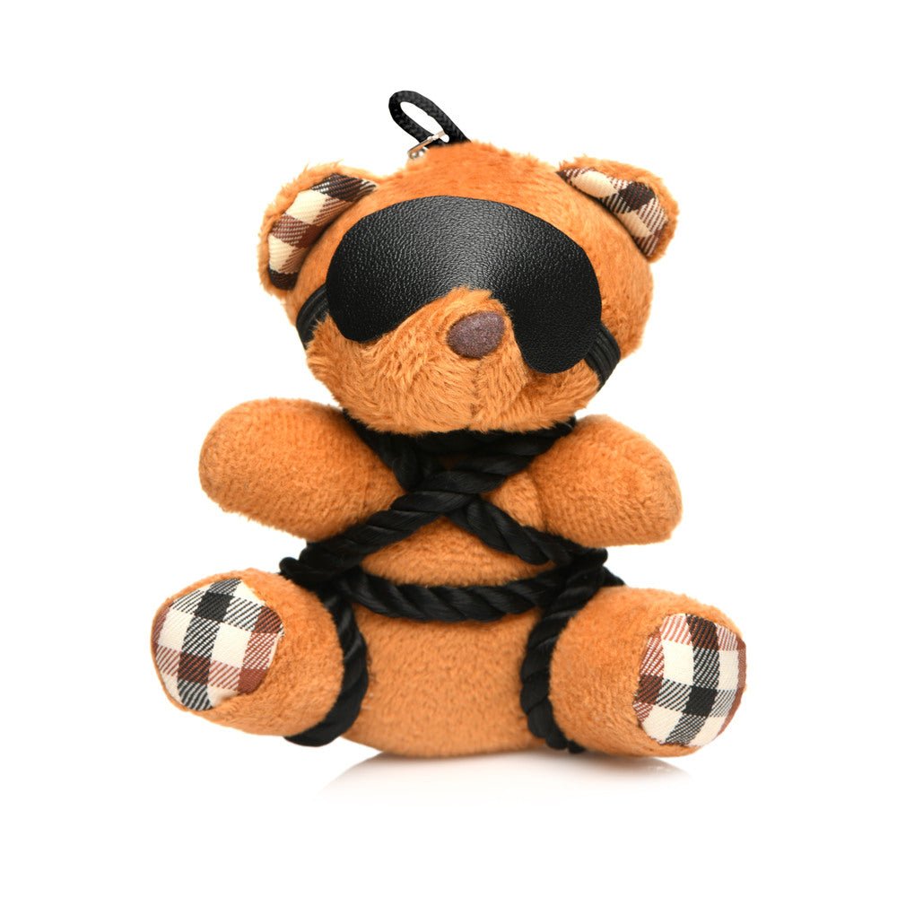 Master Series Rope Teddy Bear Keychain plush bear wrapped in black shibari rope with a removable black PU leather blindfold