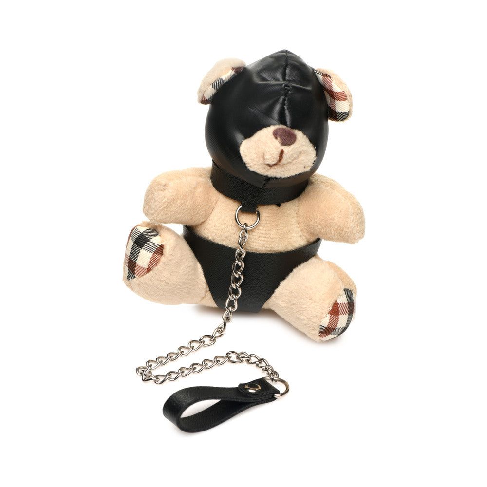 Master Series Hooded Teddy Bear Keychain plush with black PU leather hood and panties with metal chain leash accessory