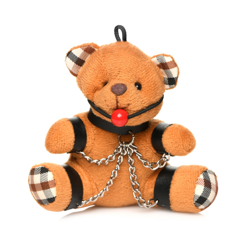 Master Series Gagged Teddy Bear keychain with red ball gag and chains, plush brown toy accessory