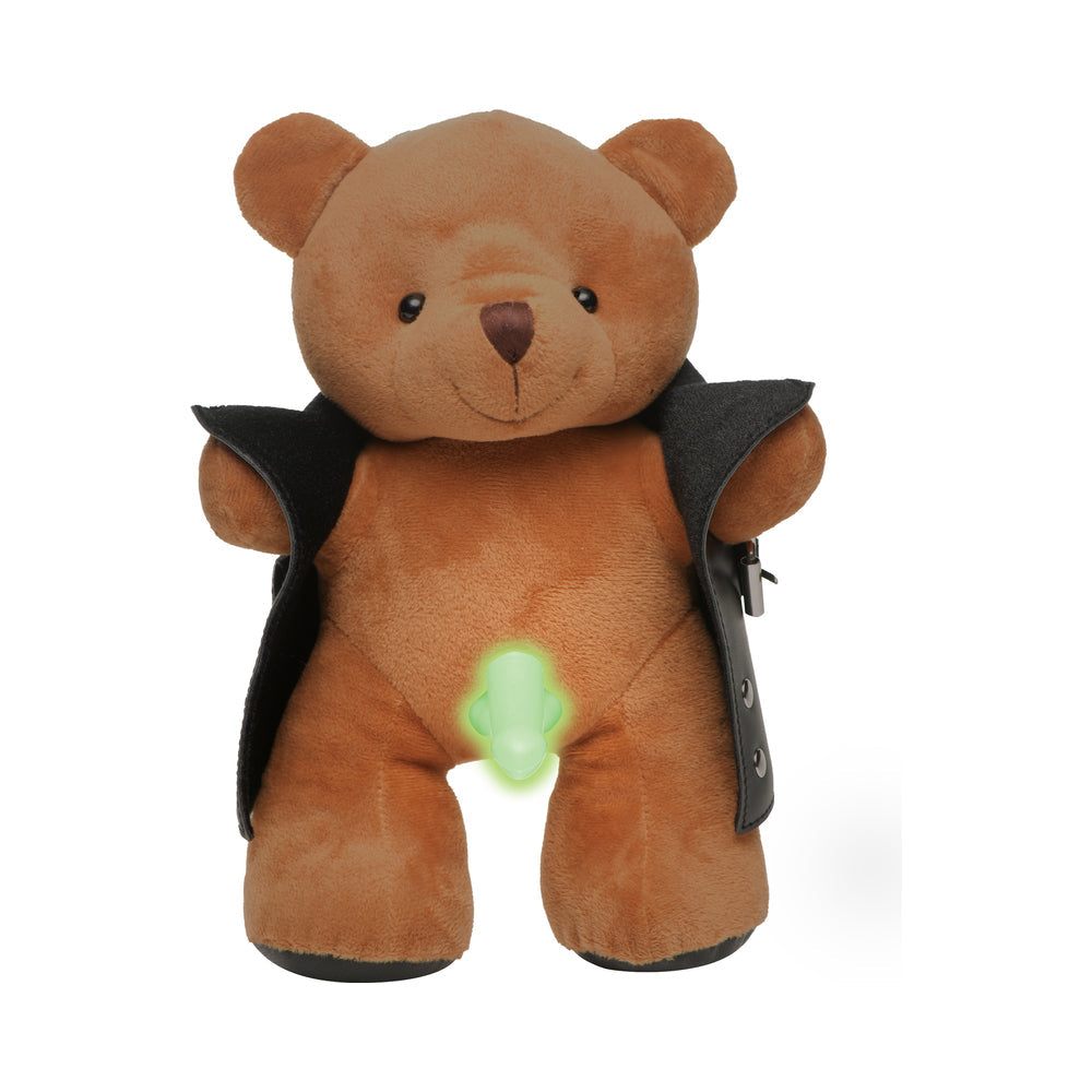 Master Series Exhibitionist Teddy Bear plush with black vegan leather jacket and glow-in-the-dark feature.
