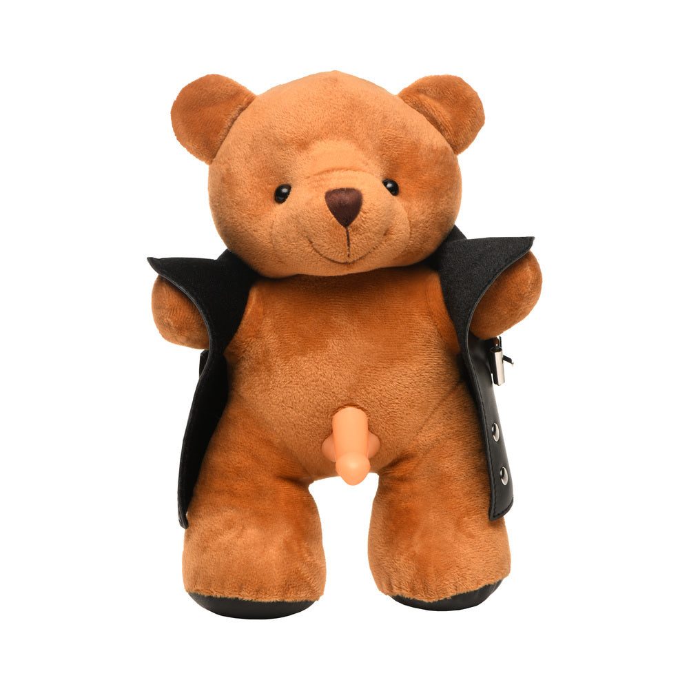 Master Series Exhibitionist Teddy Bear plush with brown fur, black vegan leather jacket, and humorous explicit feature.