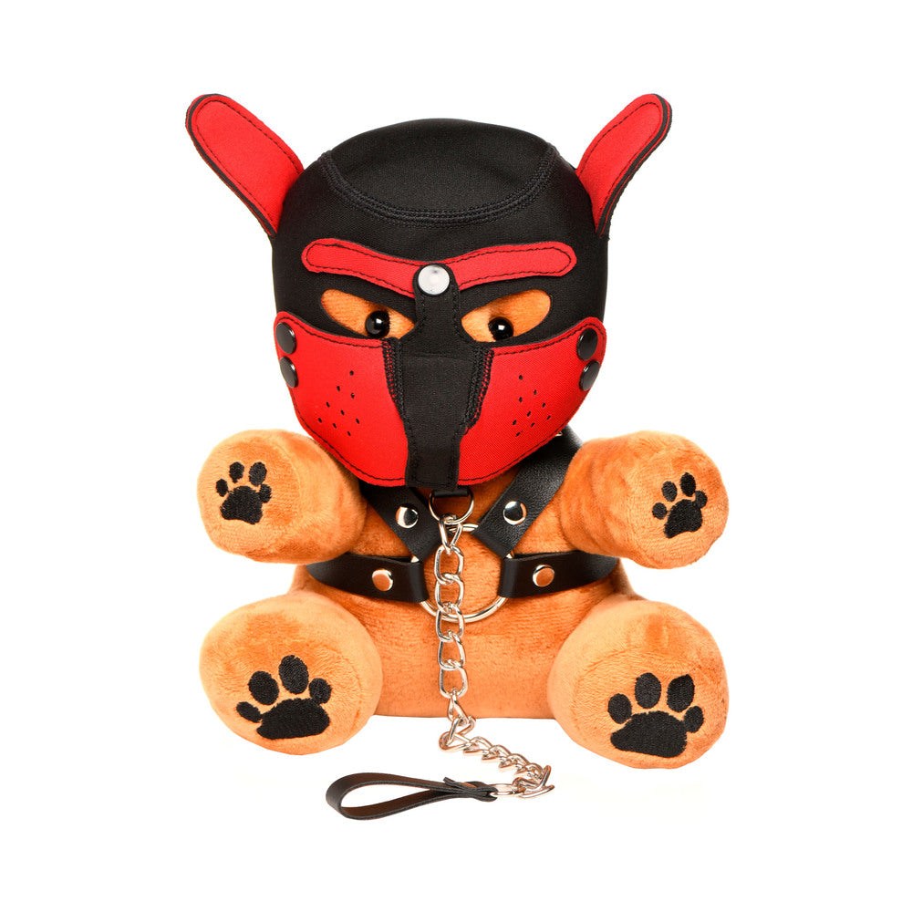 Master Series Pup Bear plush toy wearing red and black neoprene bondage hood and harness with attached leash.