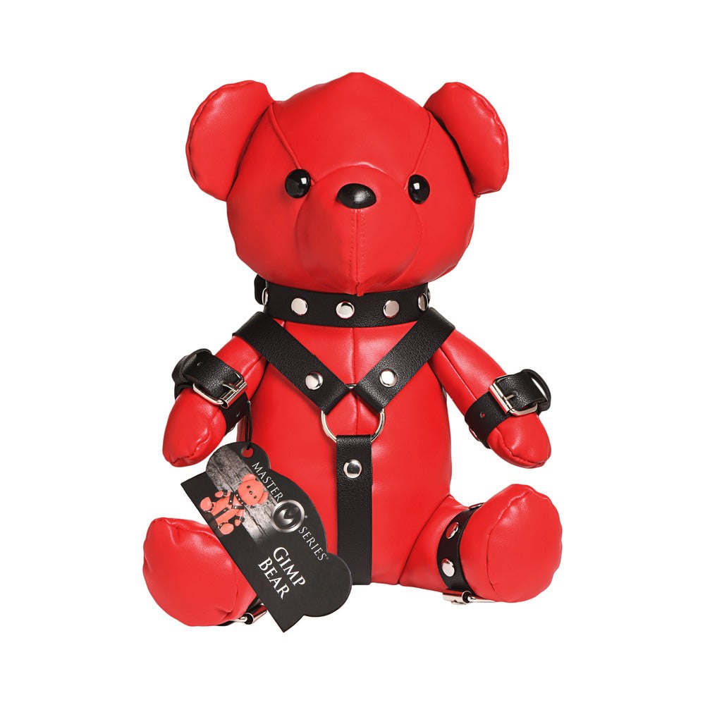 Red vegan leather teddy bear in black gimp harness straps from Master Series Gimp Bear collection