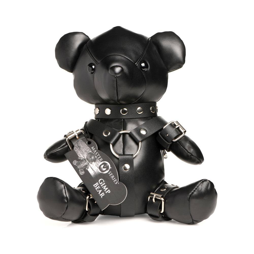 Black vegan leather teddy bear wearing gimp BDSM outfit with metal buckle accessories from Master Series Gimp Bear collection.