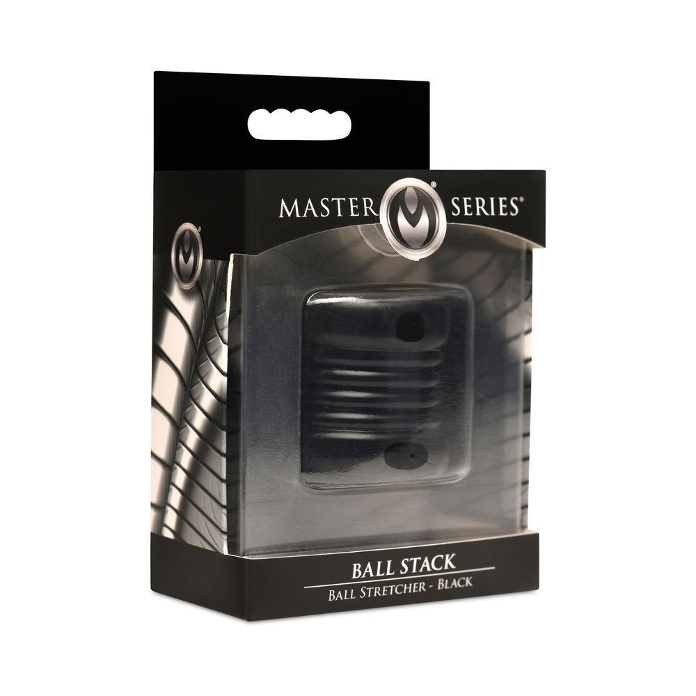 Master Series Ball Stack Ball Stretcher in black packaging, made of soft, stretchy, body-safe TPE with textured nubs for enhanced stimulation.