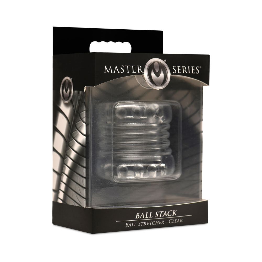 Clear Master Series Ball Stack Ball Stretcher in black packaging with a transparent window showing the textured, stretchy TPE ring inside