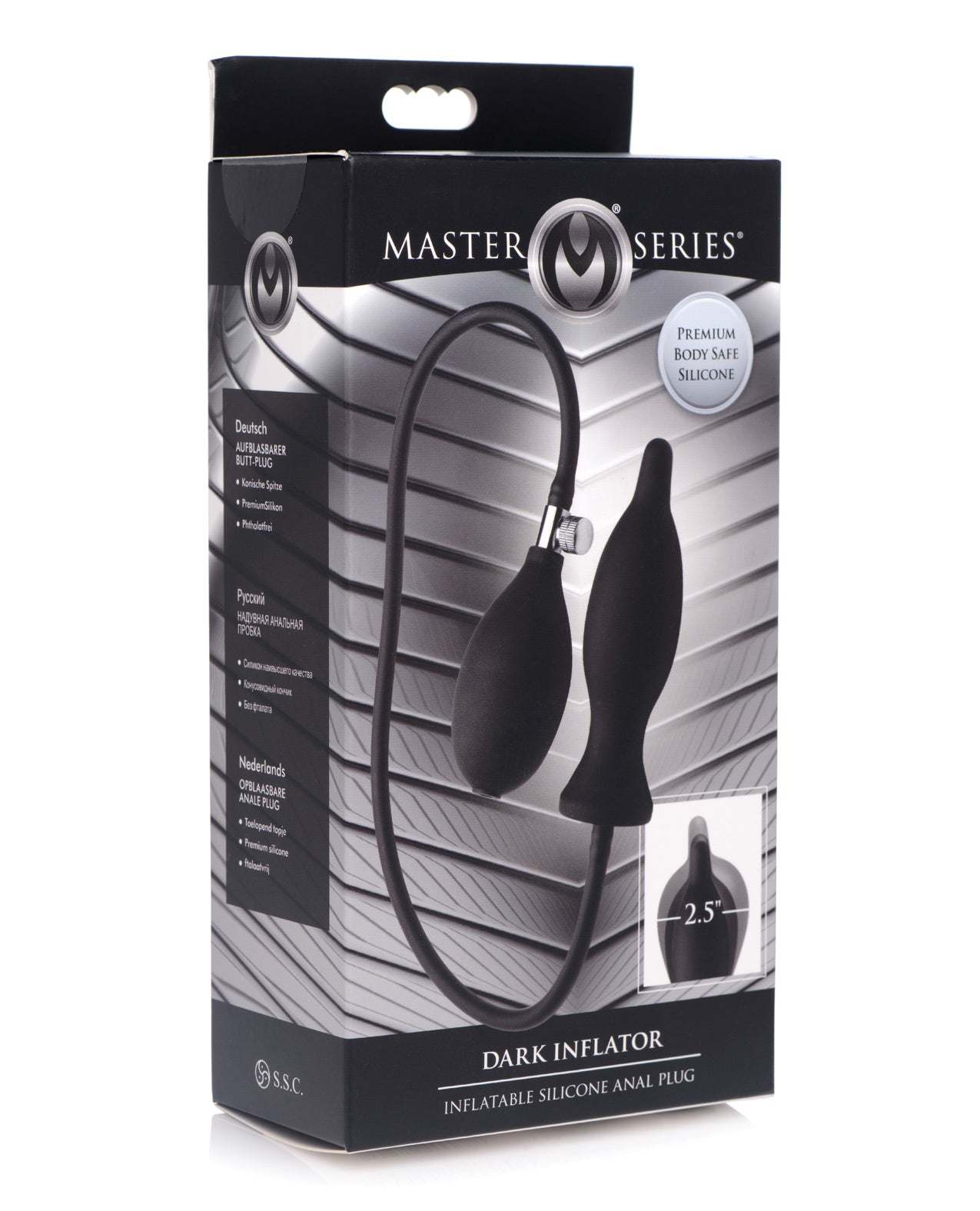 Master Series Dark Inflator inflatable silicone anal plug with hand bulb pump and easy release valve in black packaging