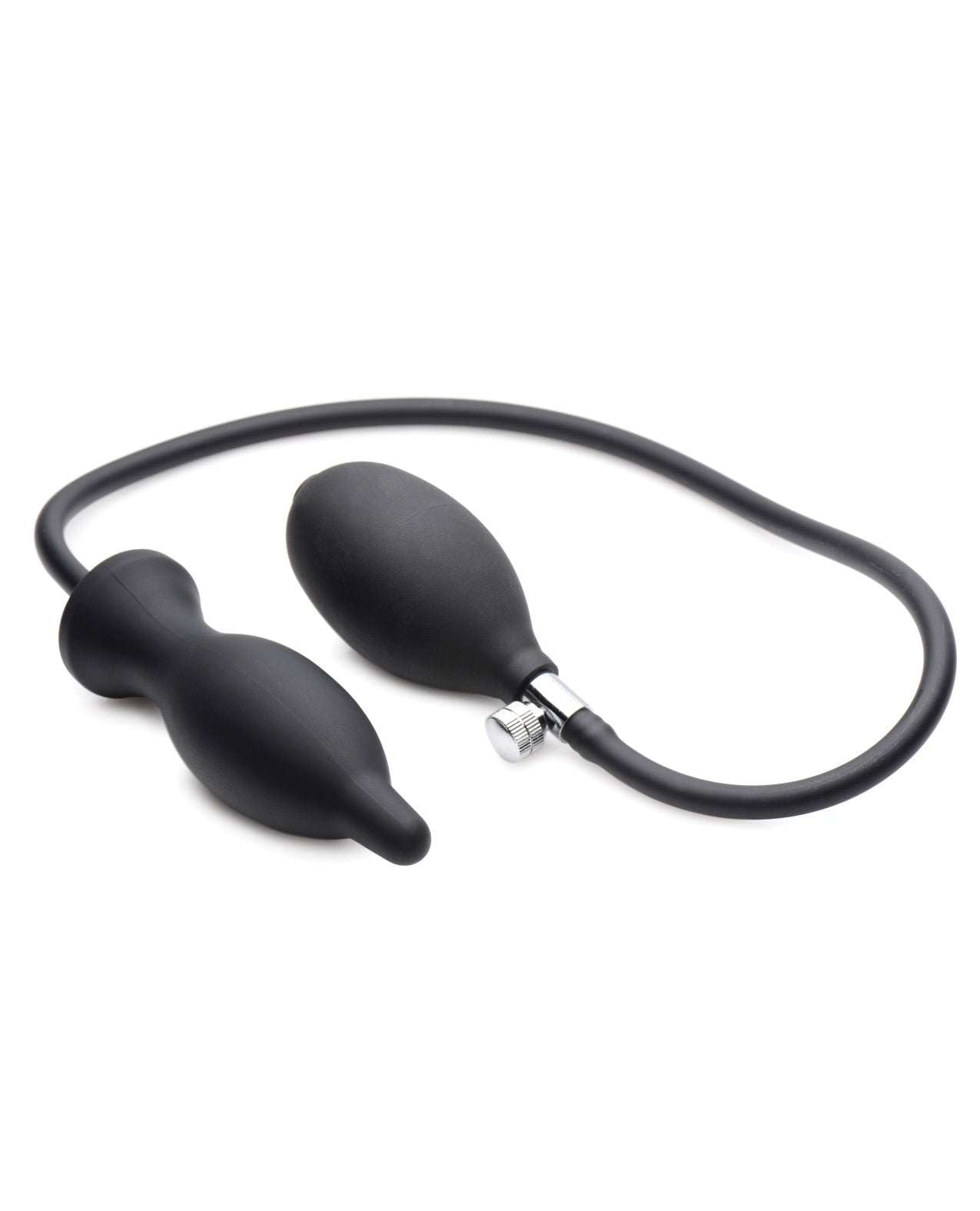 Master Series Dark Inflator black inflatable silicone anal plug with hand bulb and release valve for adjustable expansion