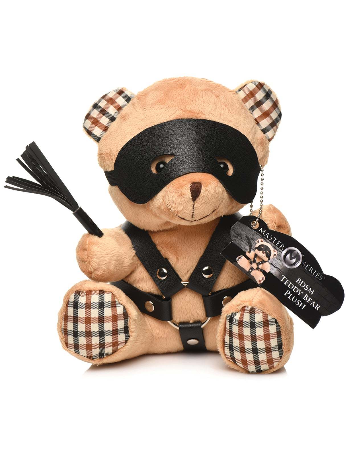 Master Series BDSM Teddy Bear Plush with light peach fur wearing faux leather harness and eye mask, holding a mini flogger.