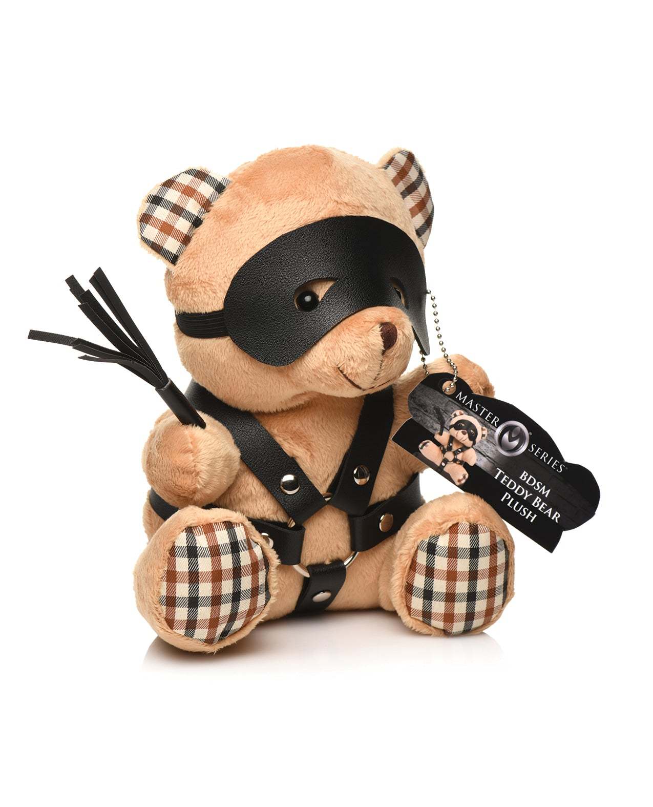 Master Series BDSM Teddy Bear Plush with light peach fur, faux leather harness, black eye mask, and mini flogger accessory.