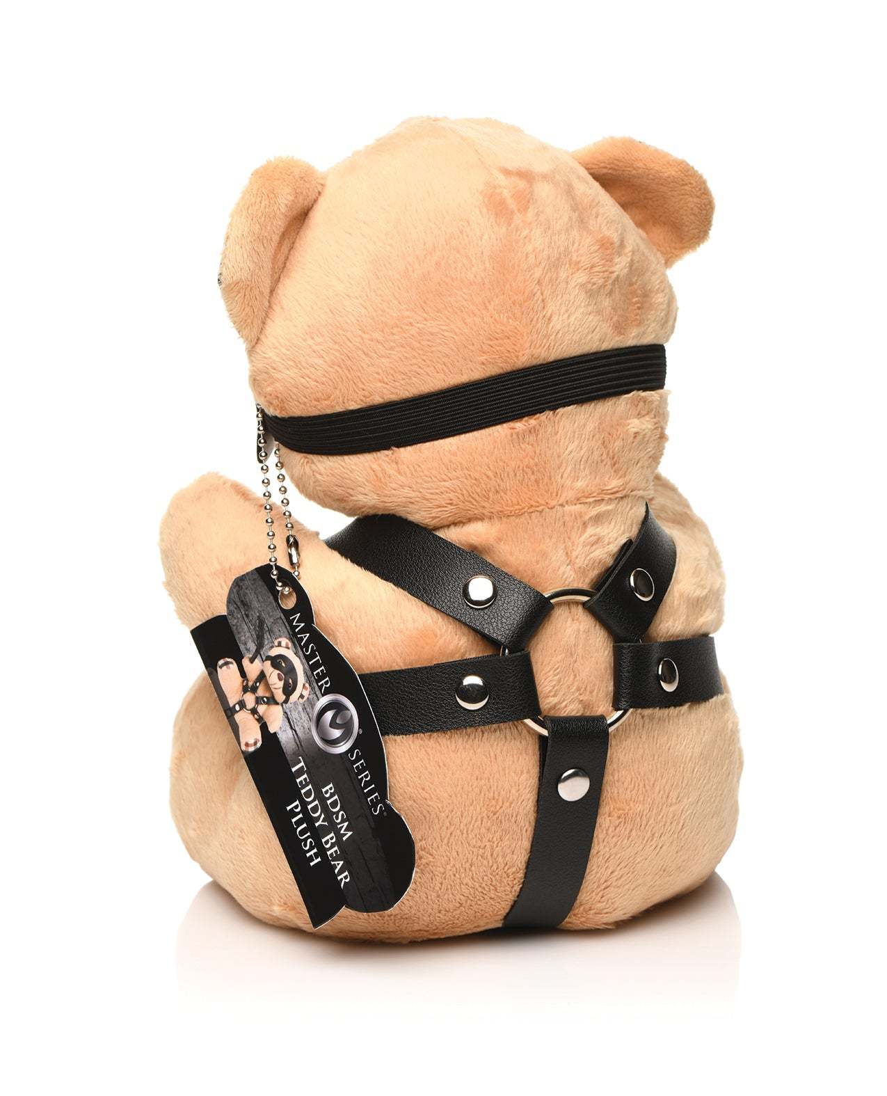 Master Series BDSM Teddy Bear Plush with soft peach fur wearing black faux leather harness and blindfold accessory.