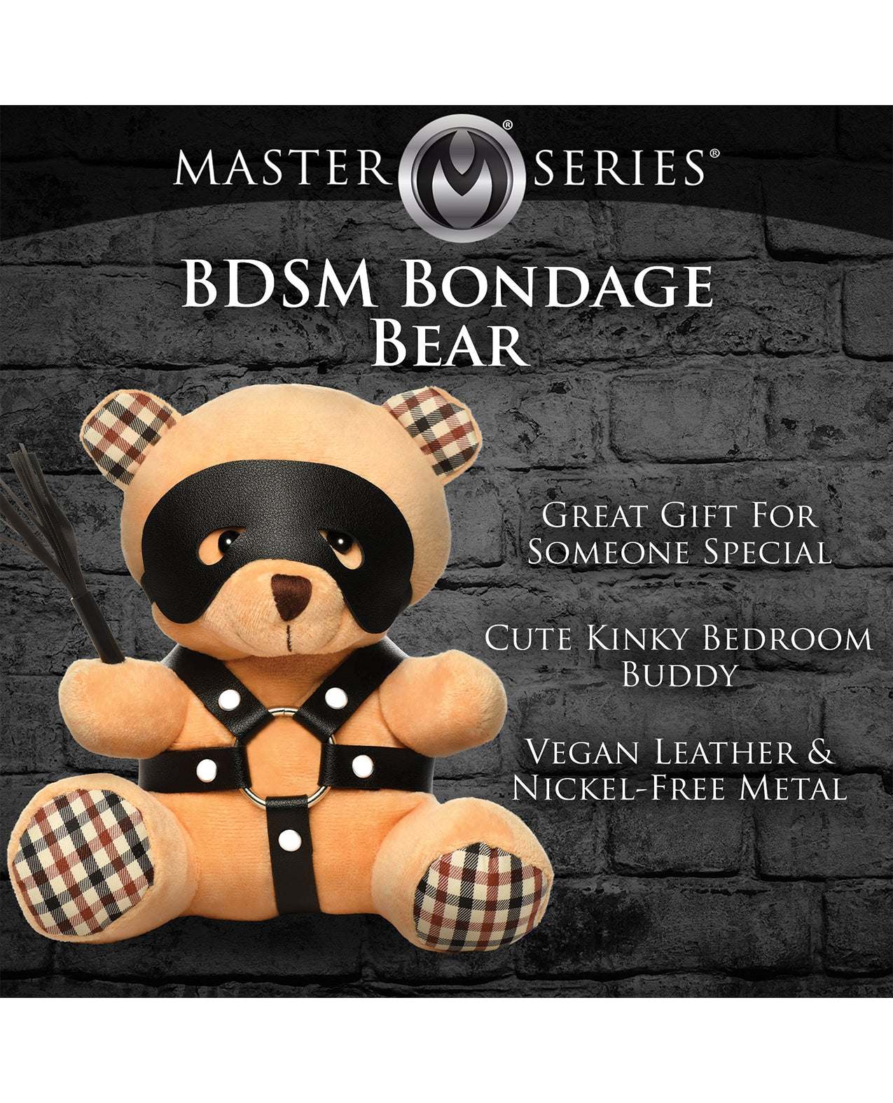 Master Series BDSM Teddy Bear Plush with soft peach fur, faux leather harness, metal O-rings, mini flogger, and removable eye mask.