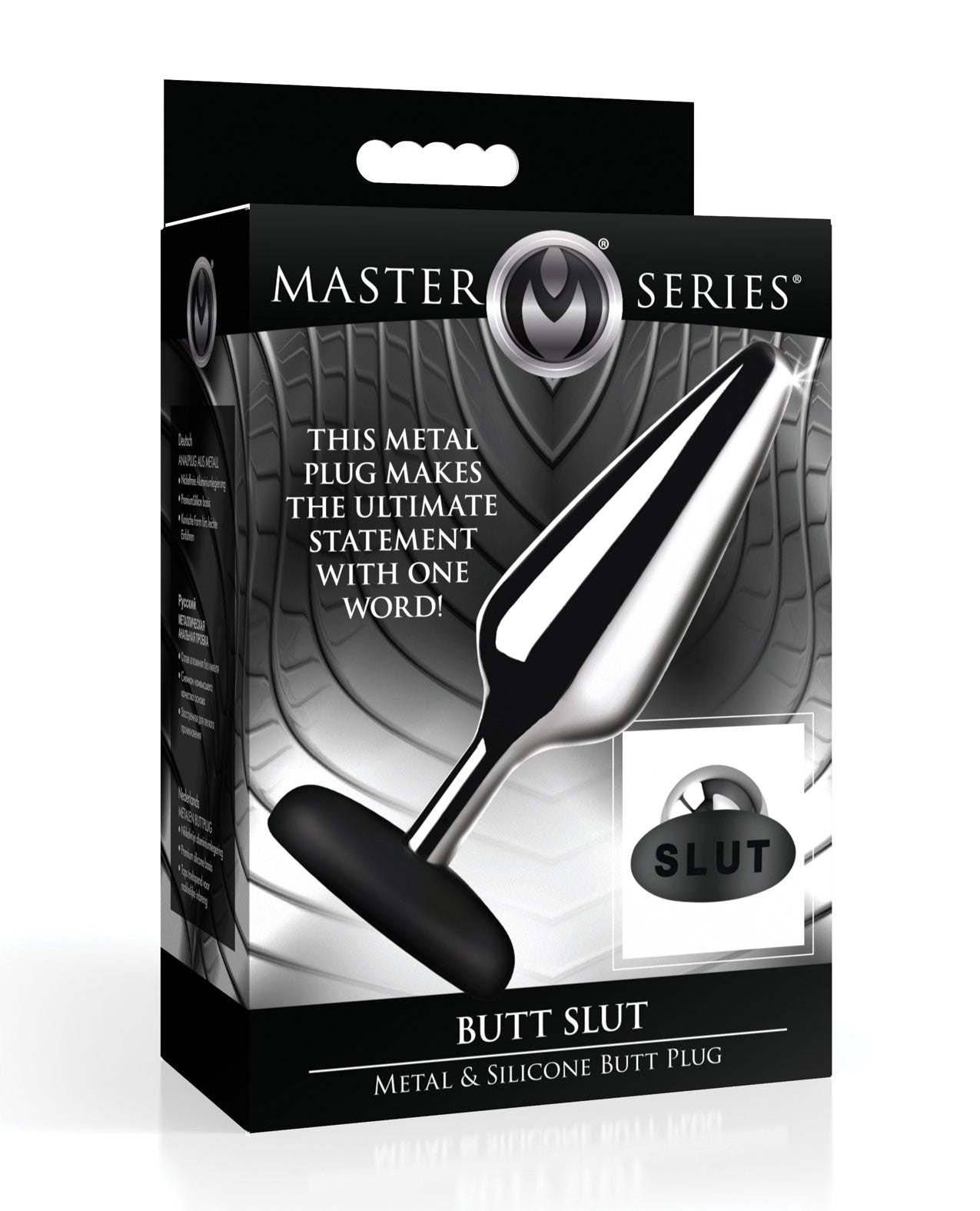 Master Series Butt Slut metal and black silicone butt plug with tapered aluminum alloy and flanged base for safe, comfortable anal play