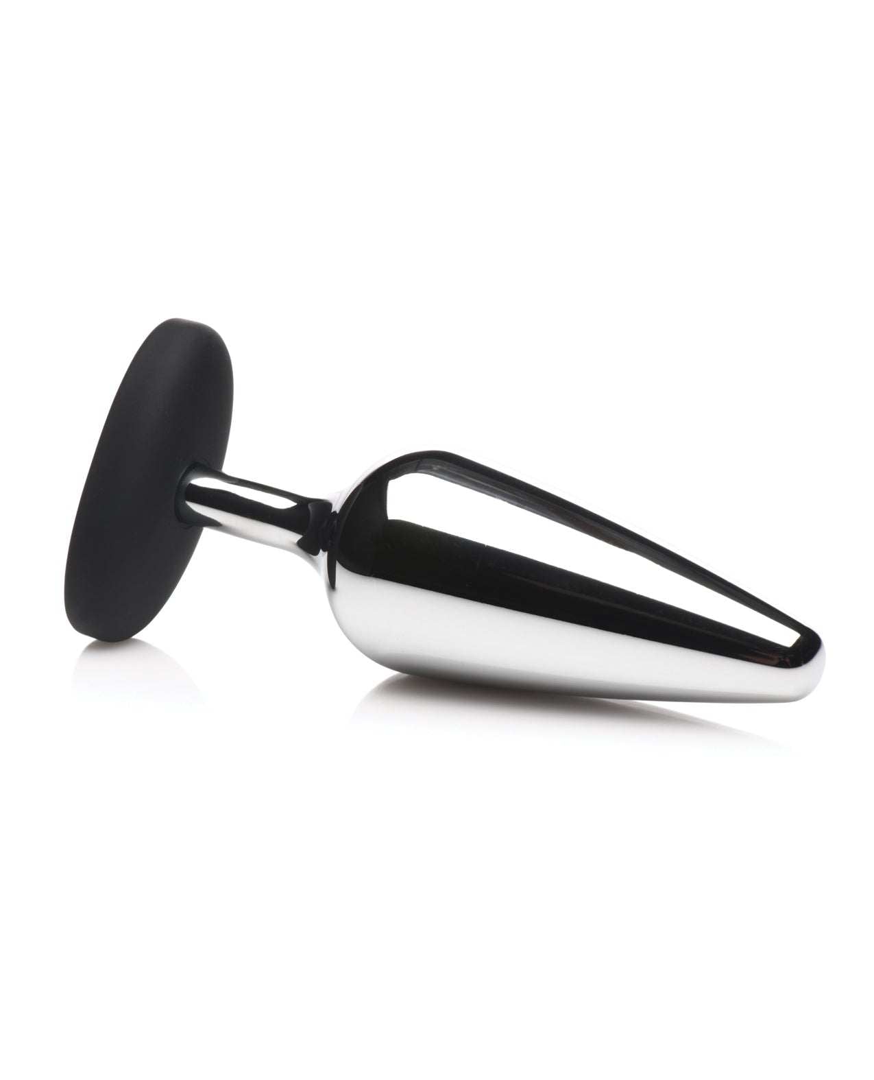 Master Series Butt Slut metal and black silicone butt plug with tapered tip and wide silicone base for safe and comfortable anal play