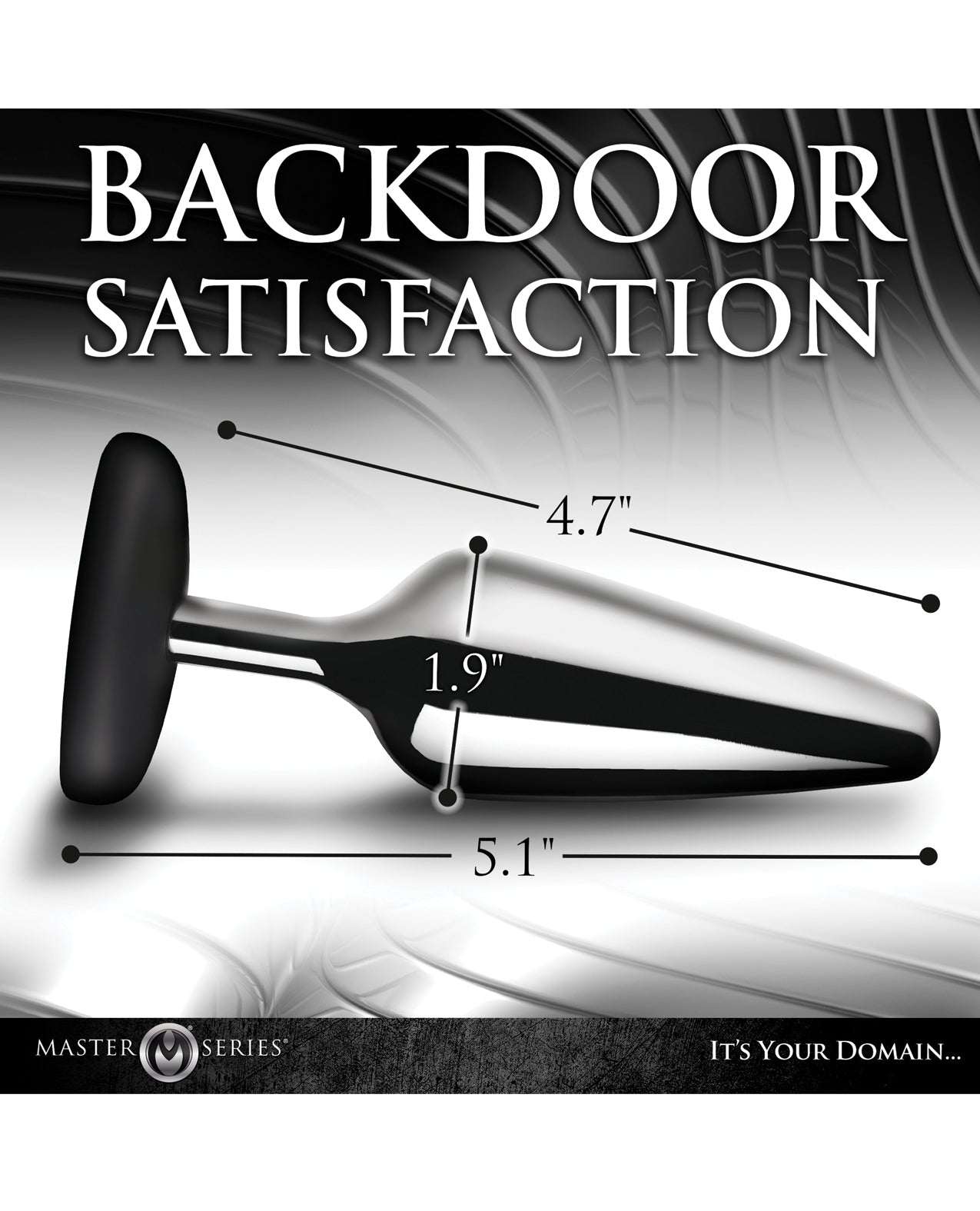 Master Series Butt Slut metal and silicone butt plug in black with tapered tip and flared base, measuring 5.1 inches length.