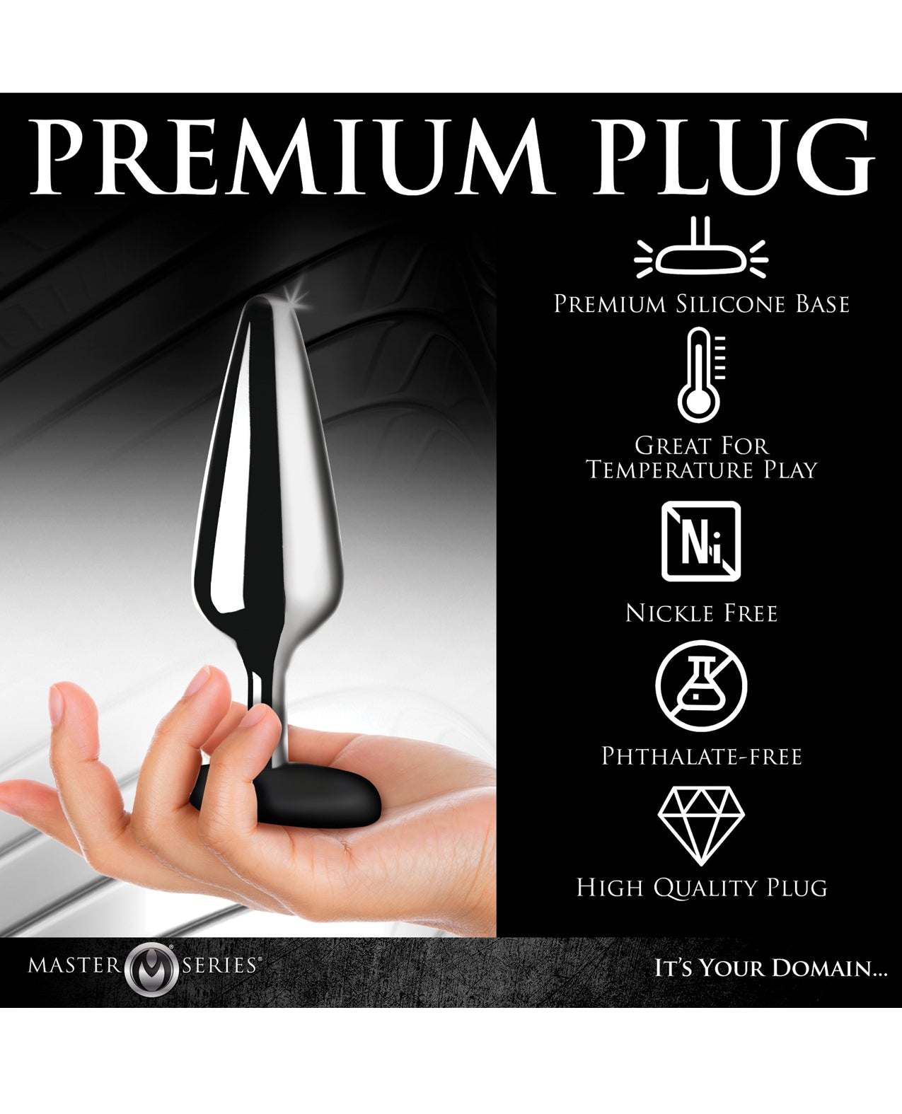 Master Series Butt Slut metal and silicone butt plug in black with premium silicone base, temperature play safe, nickel-free and phthalate-free design