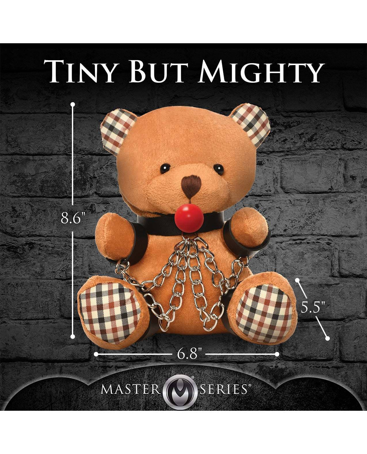 Master Series Gagged Teddy Bear Plush with collar, cuffs, and nickel-free chains, 8.6 inches tall, soft and playful gag gift plush toy.