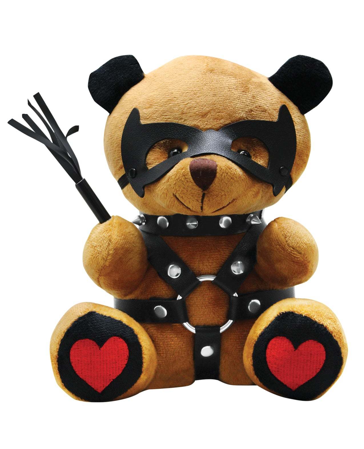 Master Series Dom Bear plush toy wearing black harness and mask with red heart paw prints and whip accessory