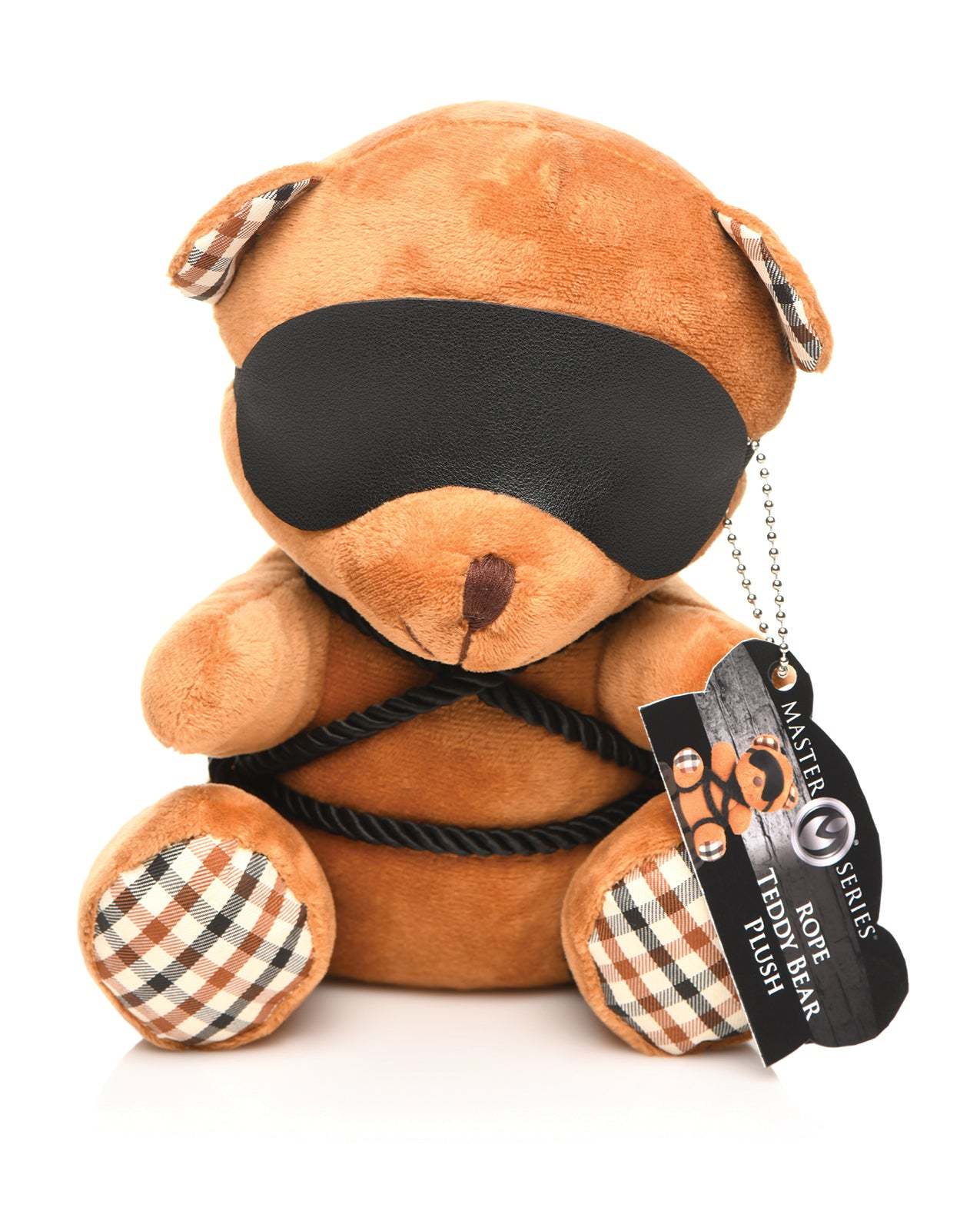 Master Series Rope Teddy Bear plush with black blindfold and decorative rope details, soft brown fabric with checkered ears and feet.
