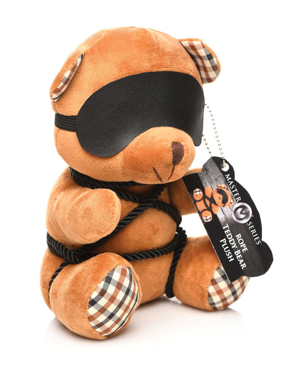 Master Series Rope Teddy Bear plush toy bound with black silky rope and blindfolded, cute bondage-themed decorative stuffed animal.