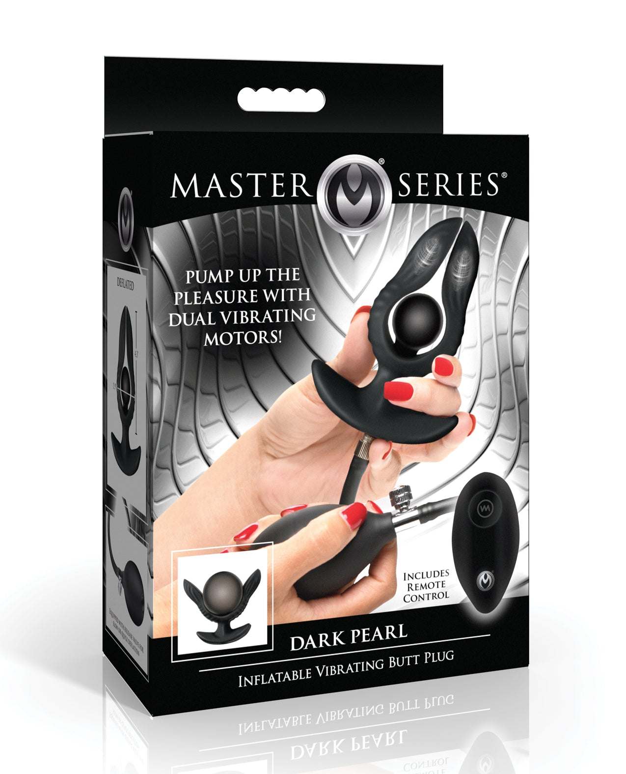 Master Series Dark Pearl black inflatable vibrating butt plug with remote control in packaging