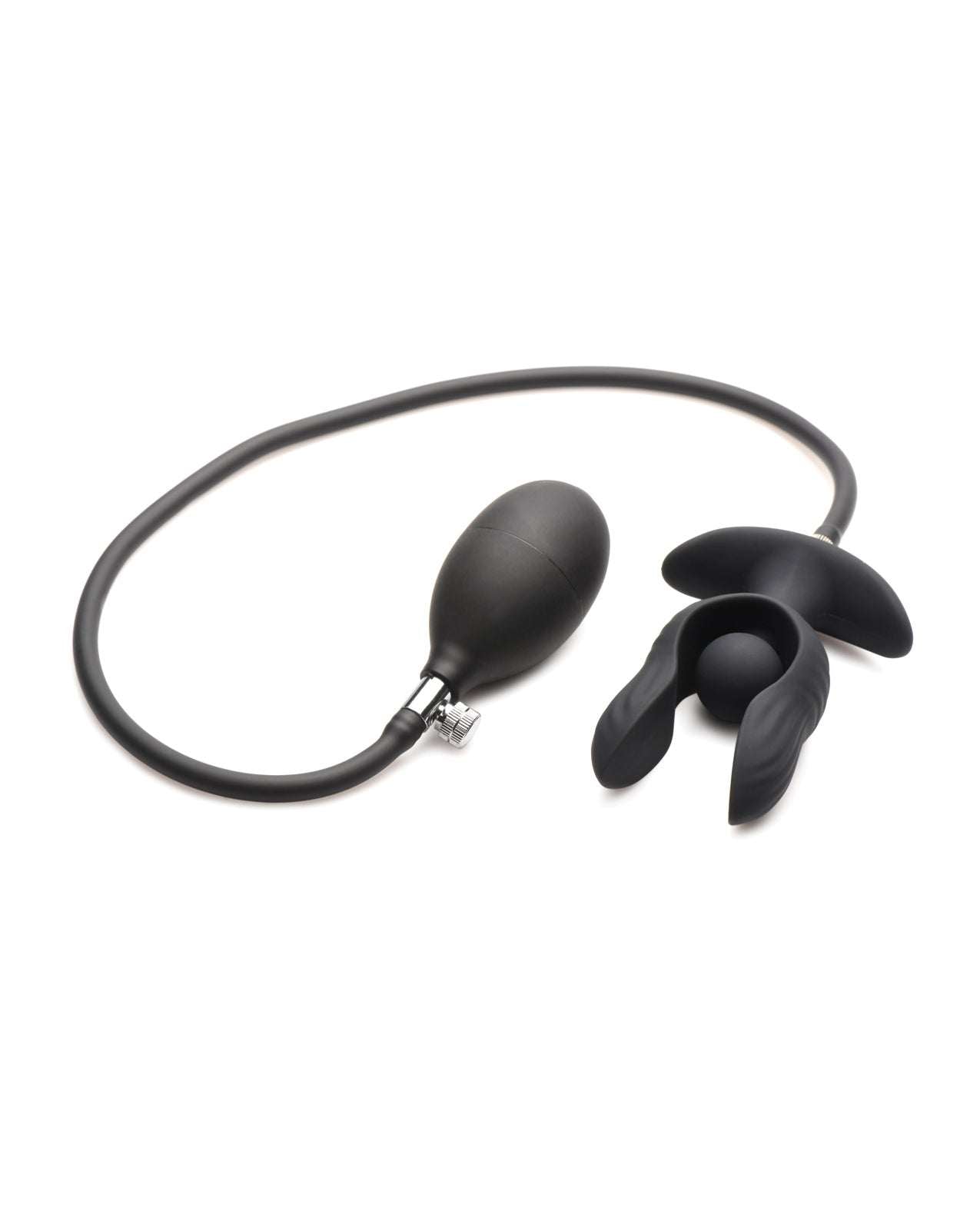 Black inflatable vibrating butt plug with remote control and air pump for adjustable size and sensation