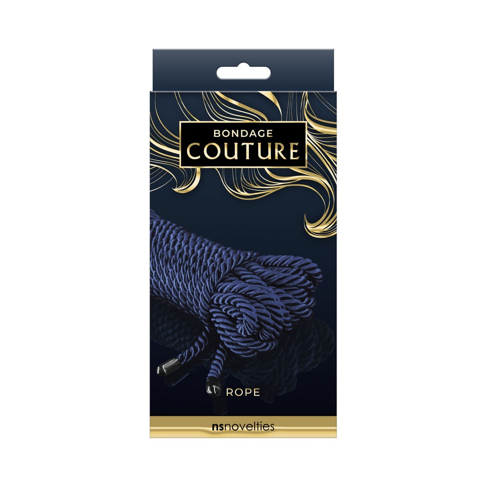 Bondage Couture Rope 25 ft. Blue packaged in black and gold box showing coiled synthetic rope with nickel-free hardware.