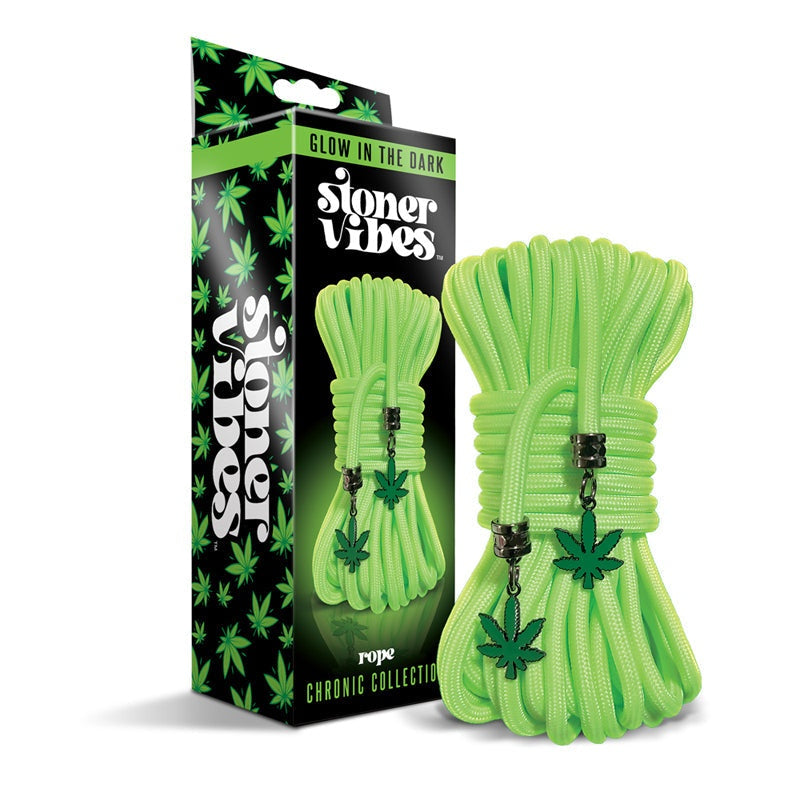 Glow in the dark 32 ft Stoner Vibes Chronic Collection rope with cannabis leaf charms and black metal end caps in vibrant green packaging