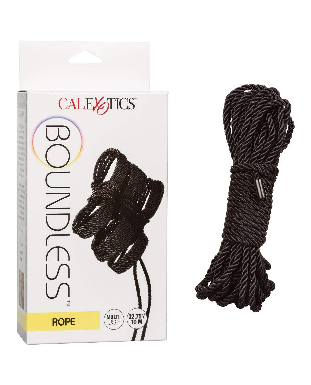 Boundless Rope - Black by CalExotics, 32.75 feet black cotton-polyester bondage rope with nickel-free zinc alloy caps in packaging and coiled form.