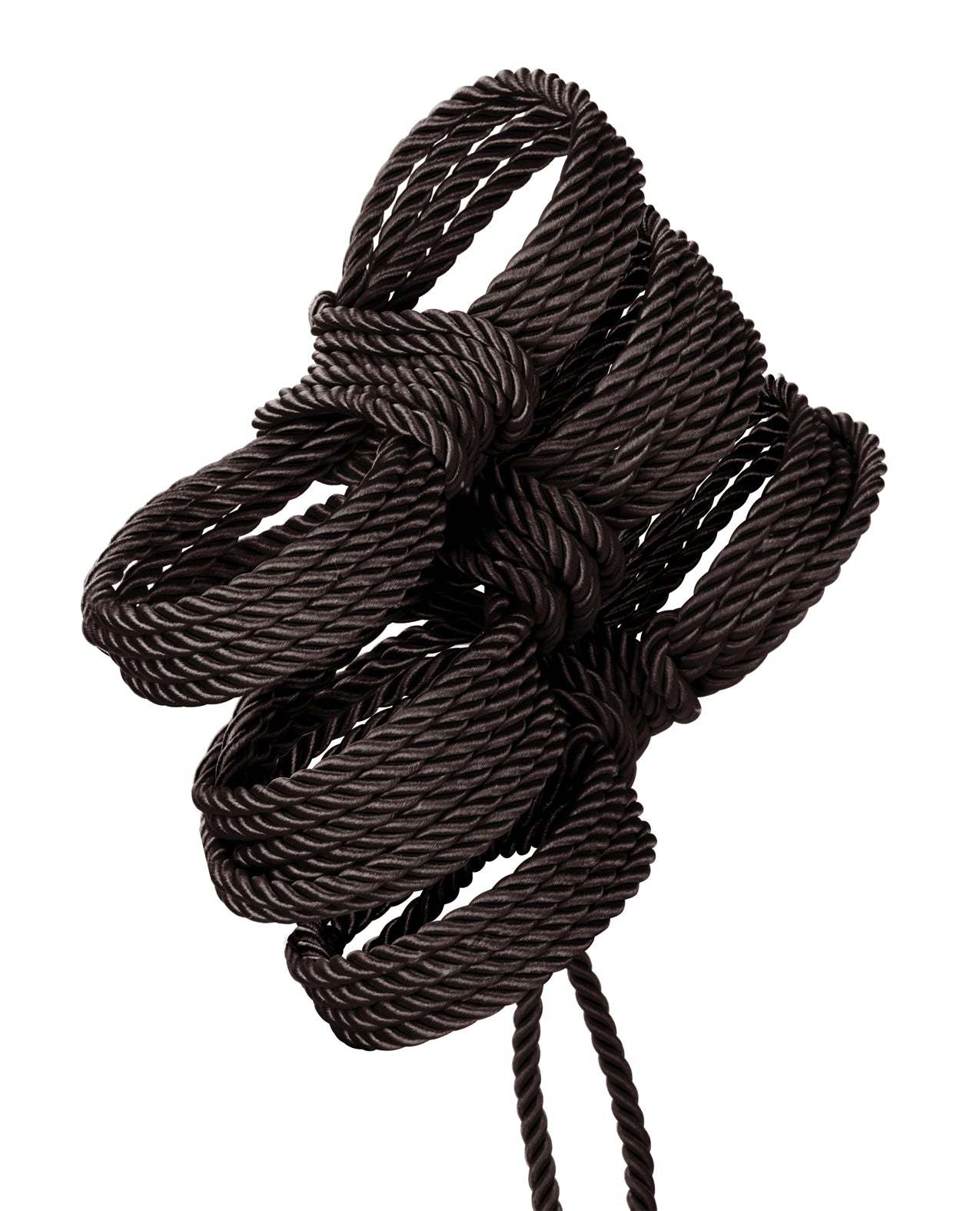 Black twisted bondage rope made of cotton and polyester blend for BDSM restraint and sensual play