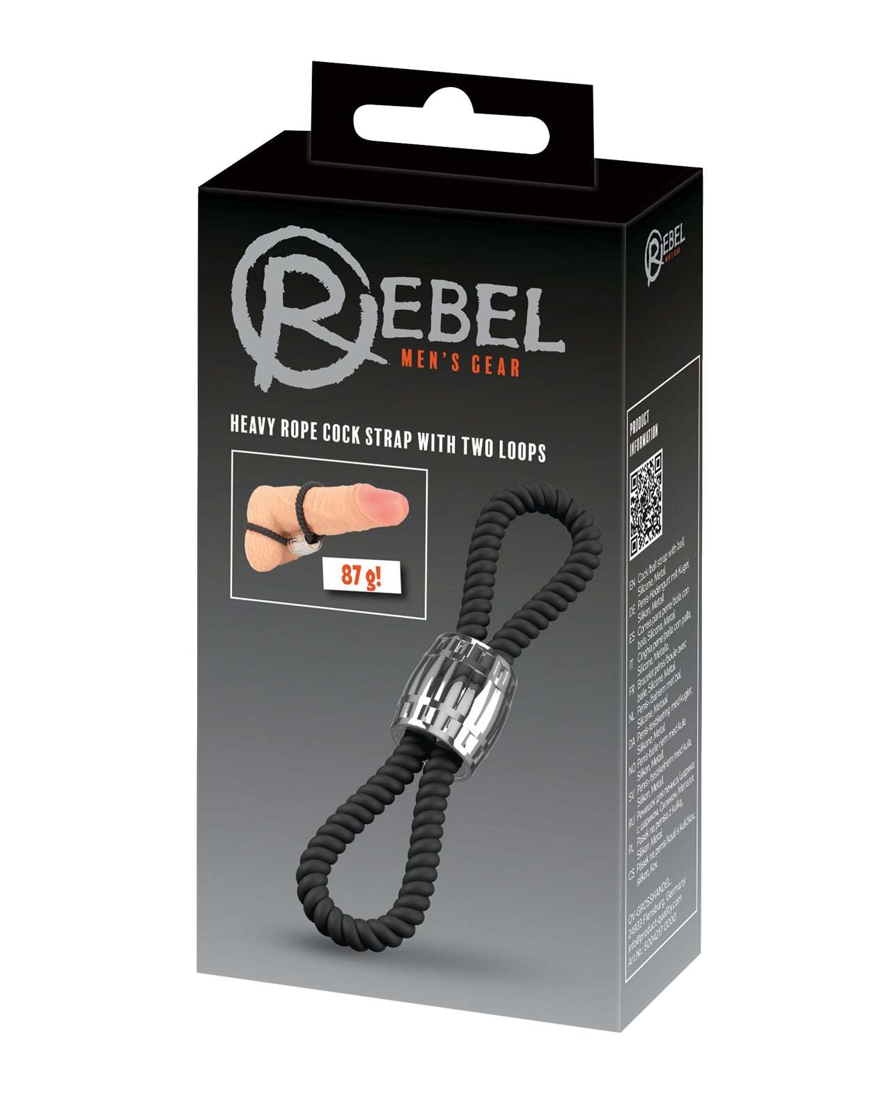 Rebel Two Loop Heavy Rope Cock Lasso in black with metal sliding weight for enhanced pleasure and restraint.