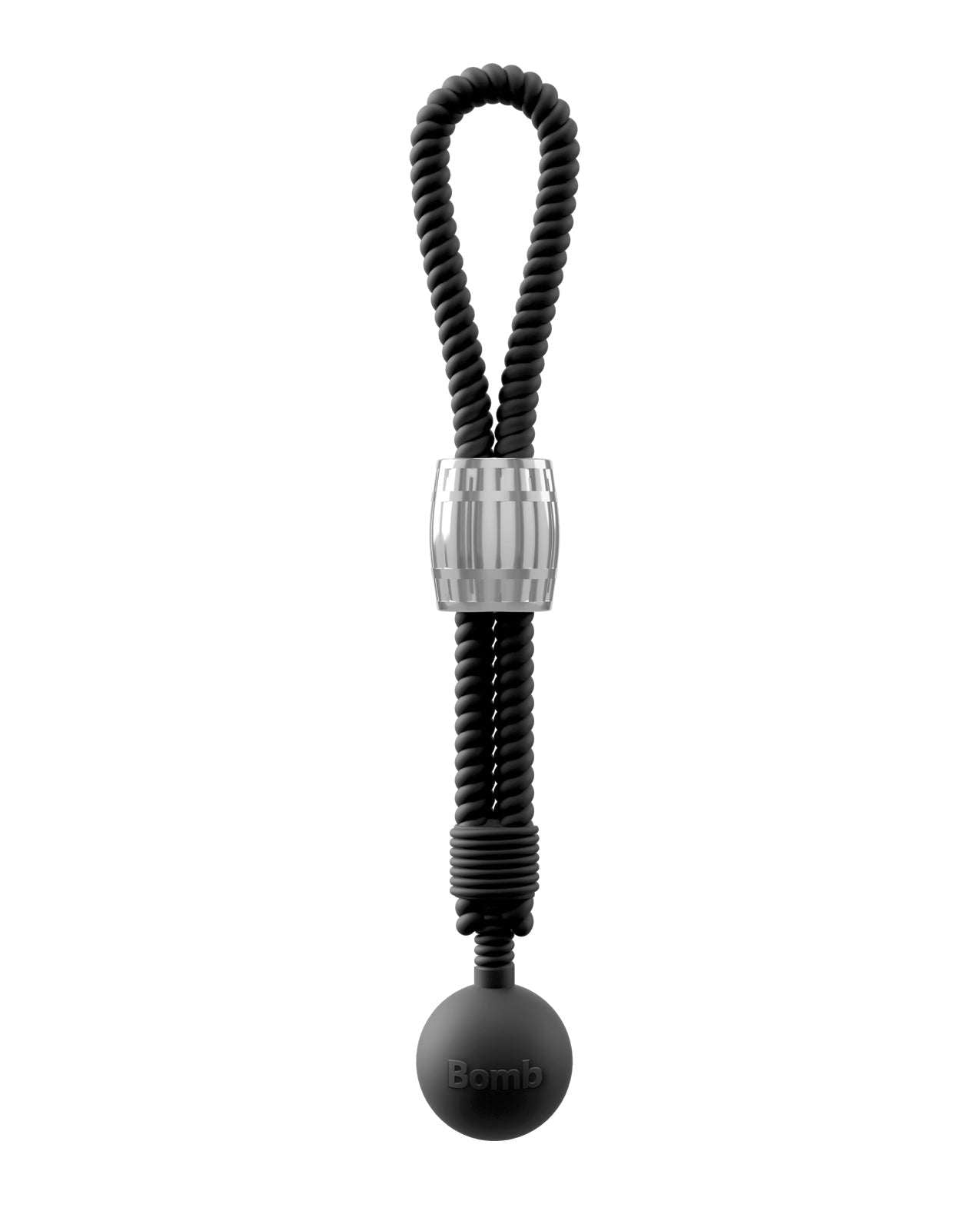 Rebel Heavy Rope Cock Lasso in black with adjustable metal sliding weight and ball for bondage play.