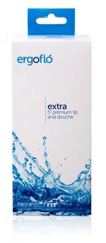 Ergoflo Extra 5 Inch Premium Tip Anal Douche with medical grade contoured bulb and air valve technology in white packaging with blue water splash design