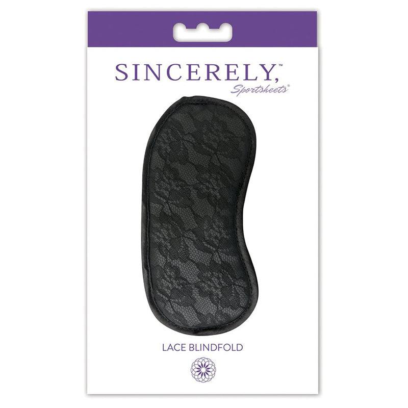 Sportsheets Lace Blindfold in black lace with double straps for comfort and security on white packaging