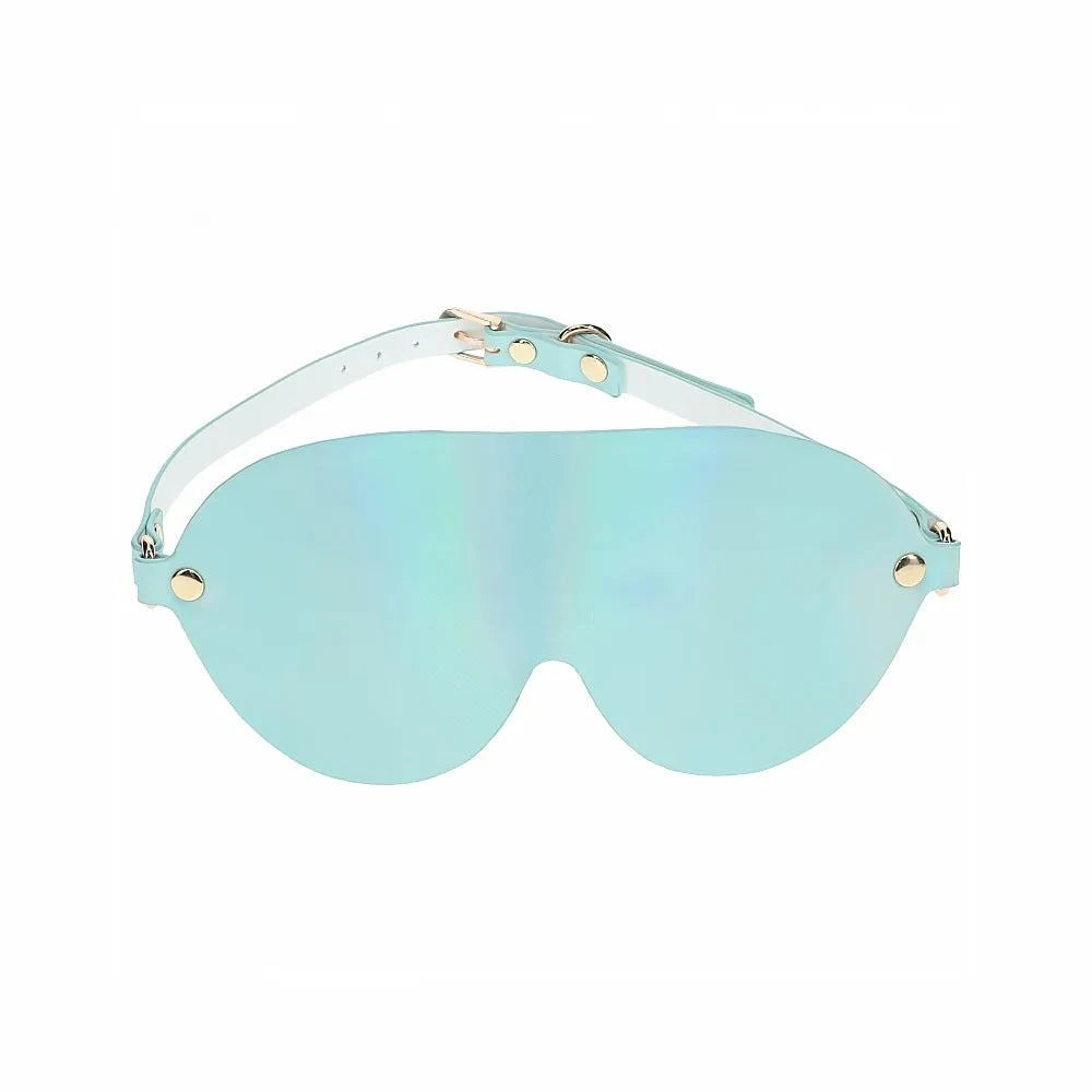 Ouch! International Paris Collection blue bonded leather blindfold with iridescent hardware and adjustable strap